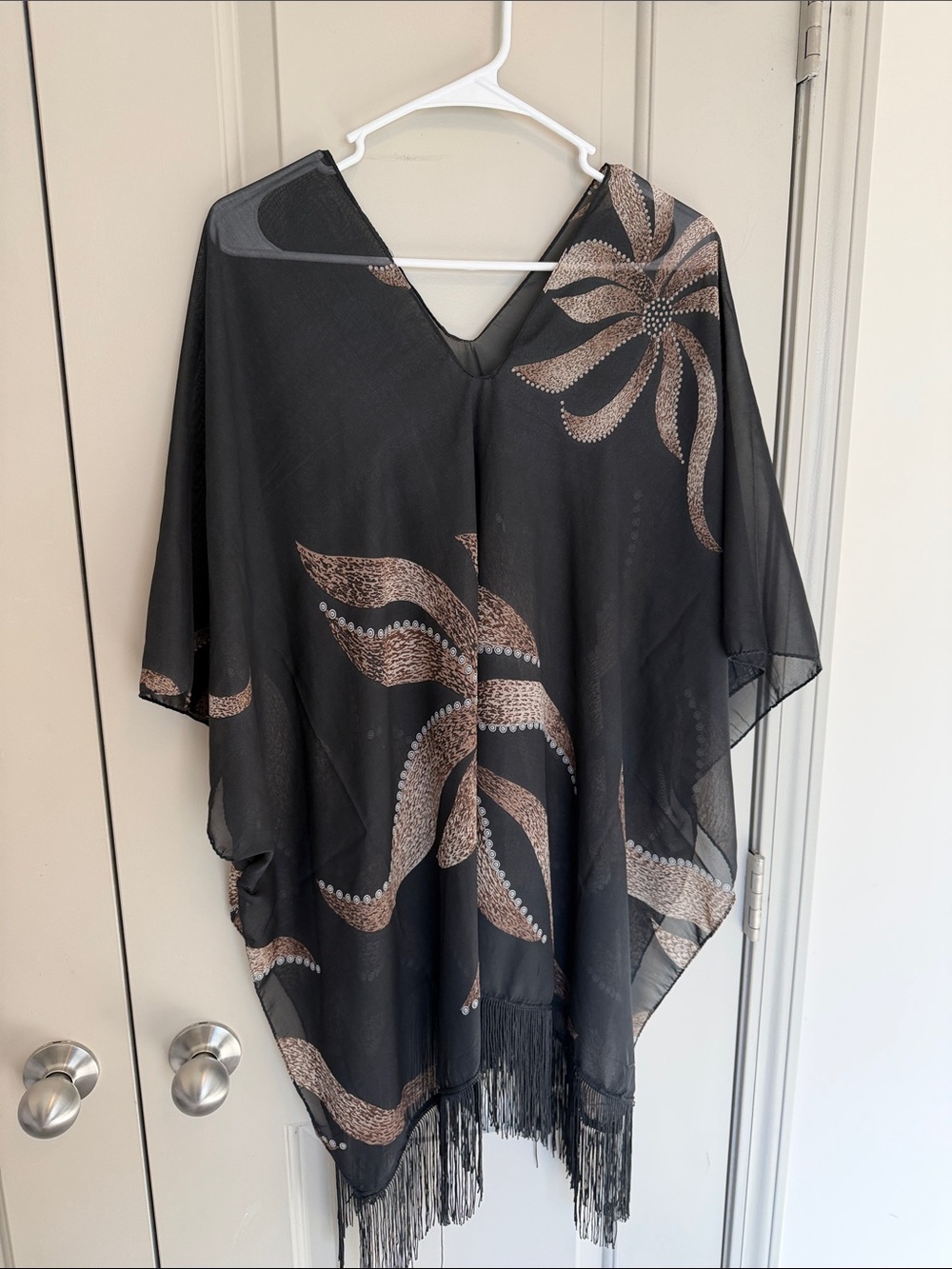 Black Floral Fringe Kimono Cover-Up